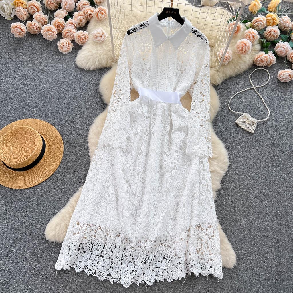 Buy Retro Pleated Elegant Hollow Lace Chiffon Dress A-line Long Sleeve  Casual High Waist Dress Women Summer at affordable prices  free shipping,  real reviews with photos  Joom