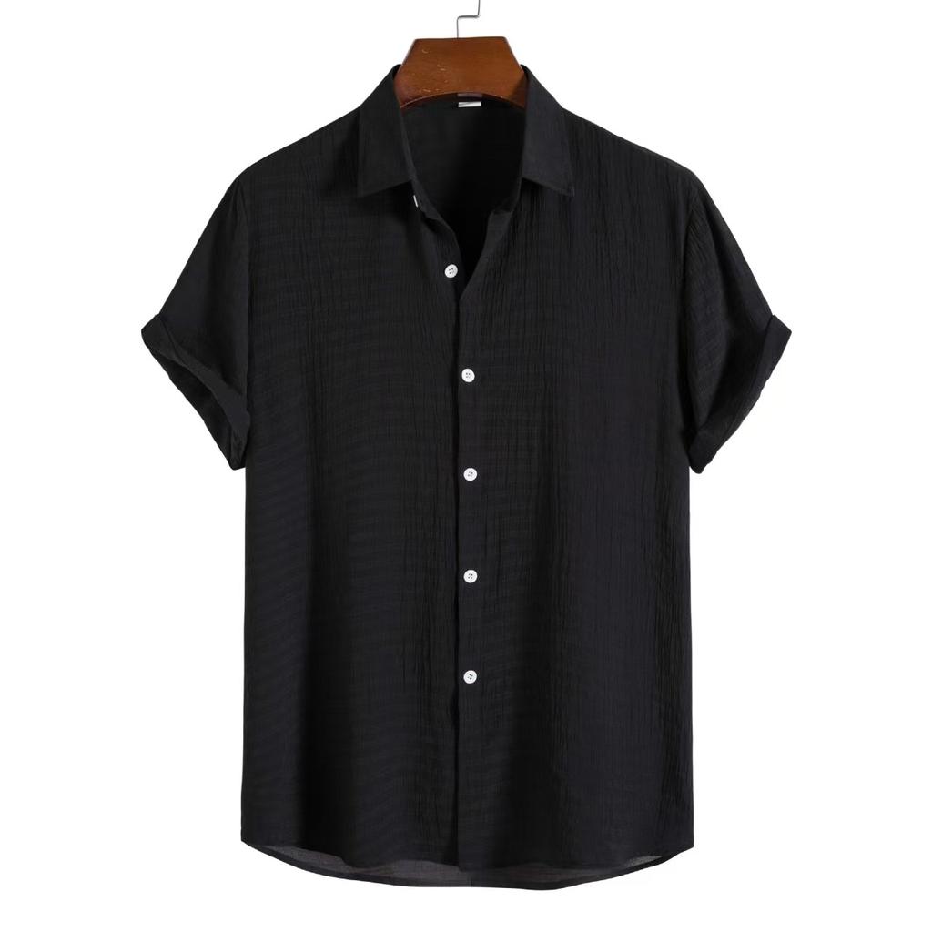 Man cotton shirt men's fashion trend solid color shirt dark compartment short sleeve men's shirt men's