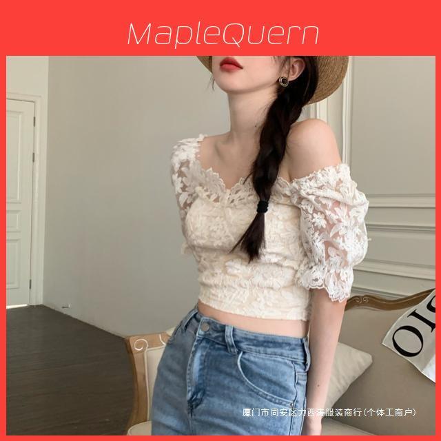 French Style Off Shoulder Lace Short Sleeve Shirt For Women With 3d Embroidery And Slim Fit