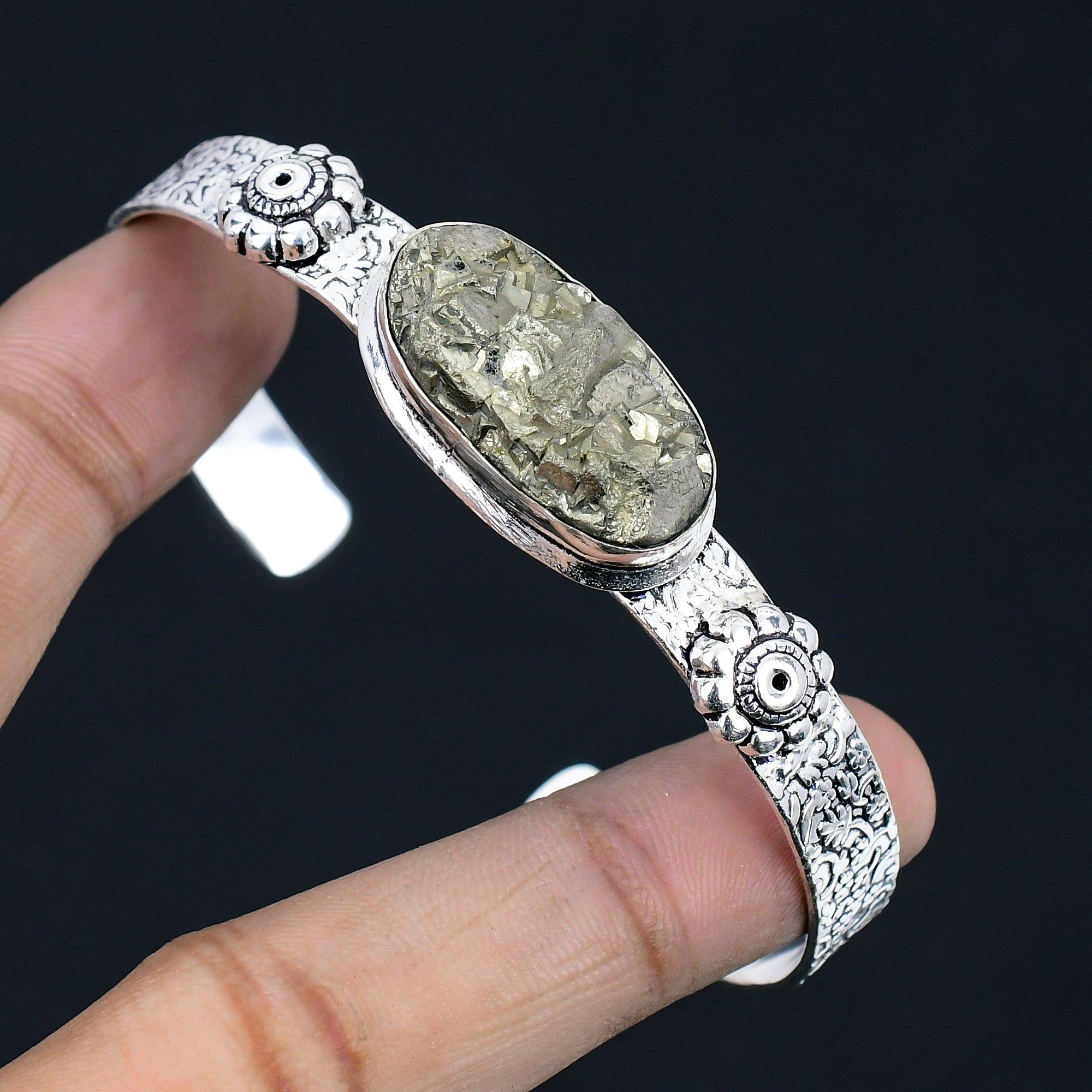 

Friendship Day Sale Natural Pyrite Druzy Sterling Silver Sister Bangle Bracelet Adjustable