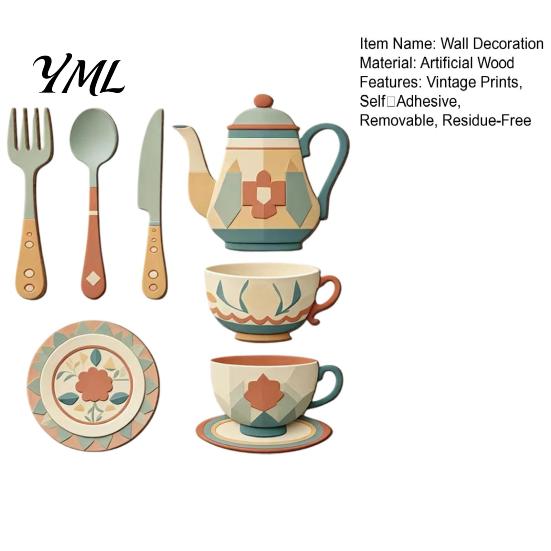 Modern Kitchen Wall Murals 7Pcs 2D Flat Wooden Decor, Retro Teapot Tableware Themed Removable Art for Dining Room Art, Self?Adhesive Plaques