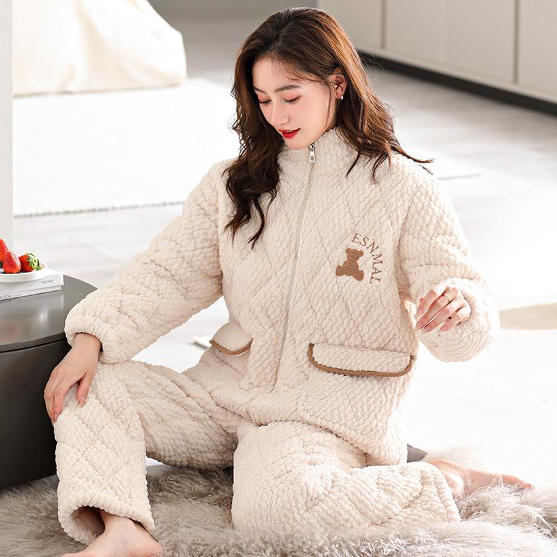 Antistatic padded couple pajamas women's winter three-layer thickened fleece padded jacket men's coral fleece warm loungewear