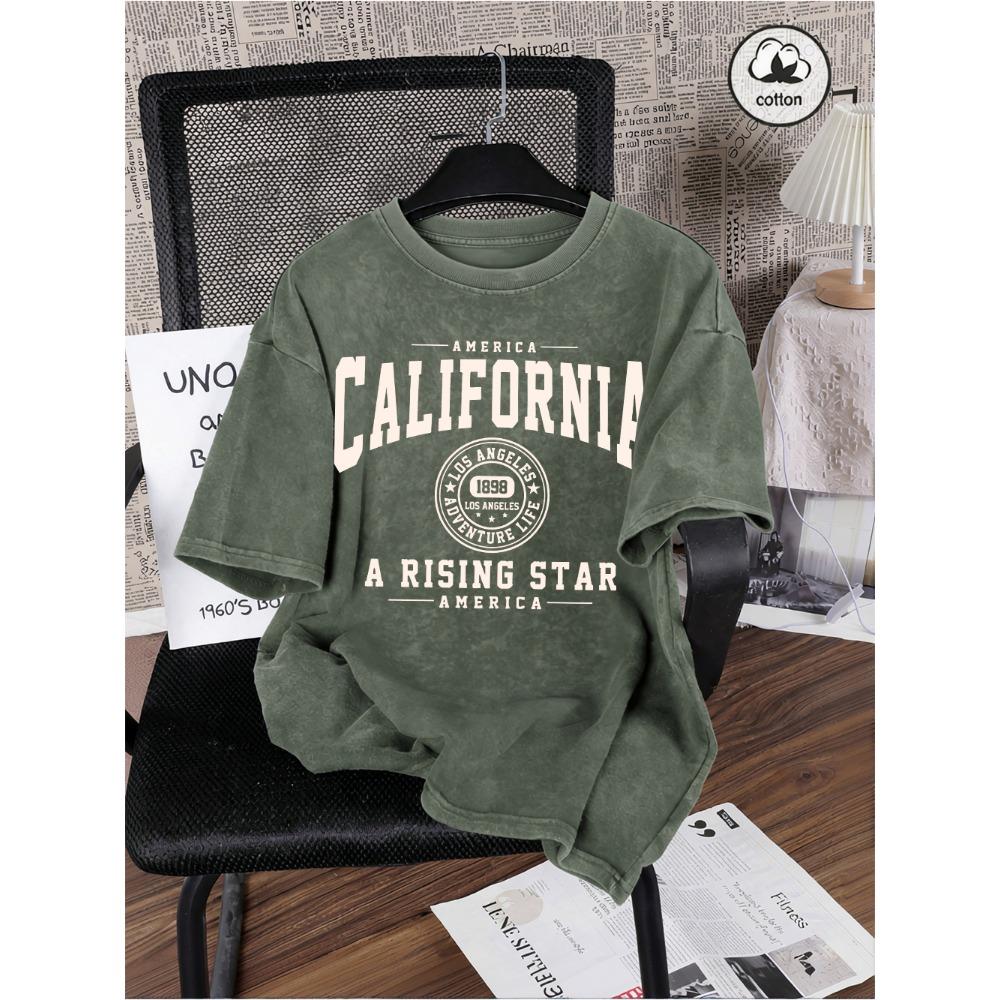America California Printed Washed T-Shirt Mens Cotton Oversized T Shirt Casual O-Neck Short Sleeve Tops Basic Male Tees