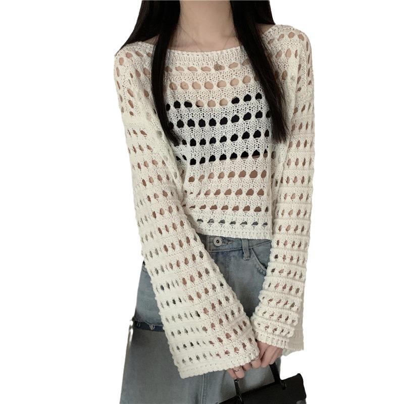 Haut Couvrant Manches Longues en Maille Creuse Design Printemps Été Court Protection Solaire