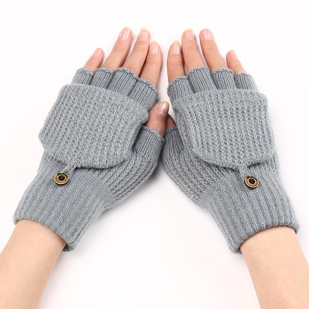 WTEMPO Solid Color Woolen Warm Flip Gloves Men's Women's Autumn Winter Half Finger Gloves Student Writing Exposed Finger Knitted Gloves