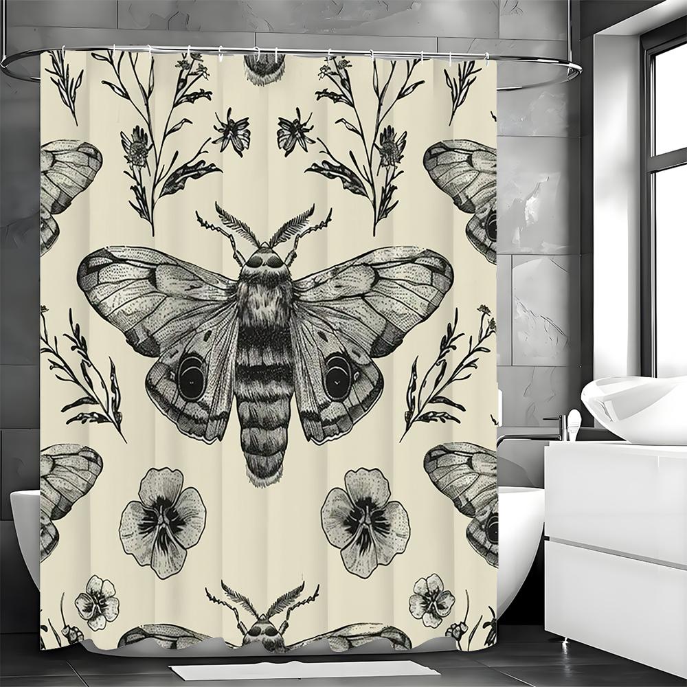 Moth Floral Shower Curtain, Bathroom Decorative Shower Curtain, Waterproof Shower Curtain with Hooks