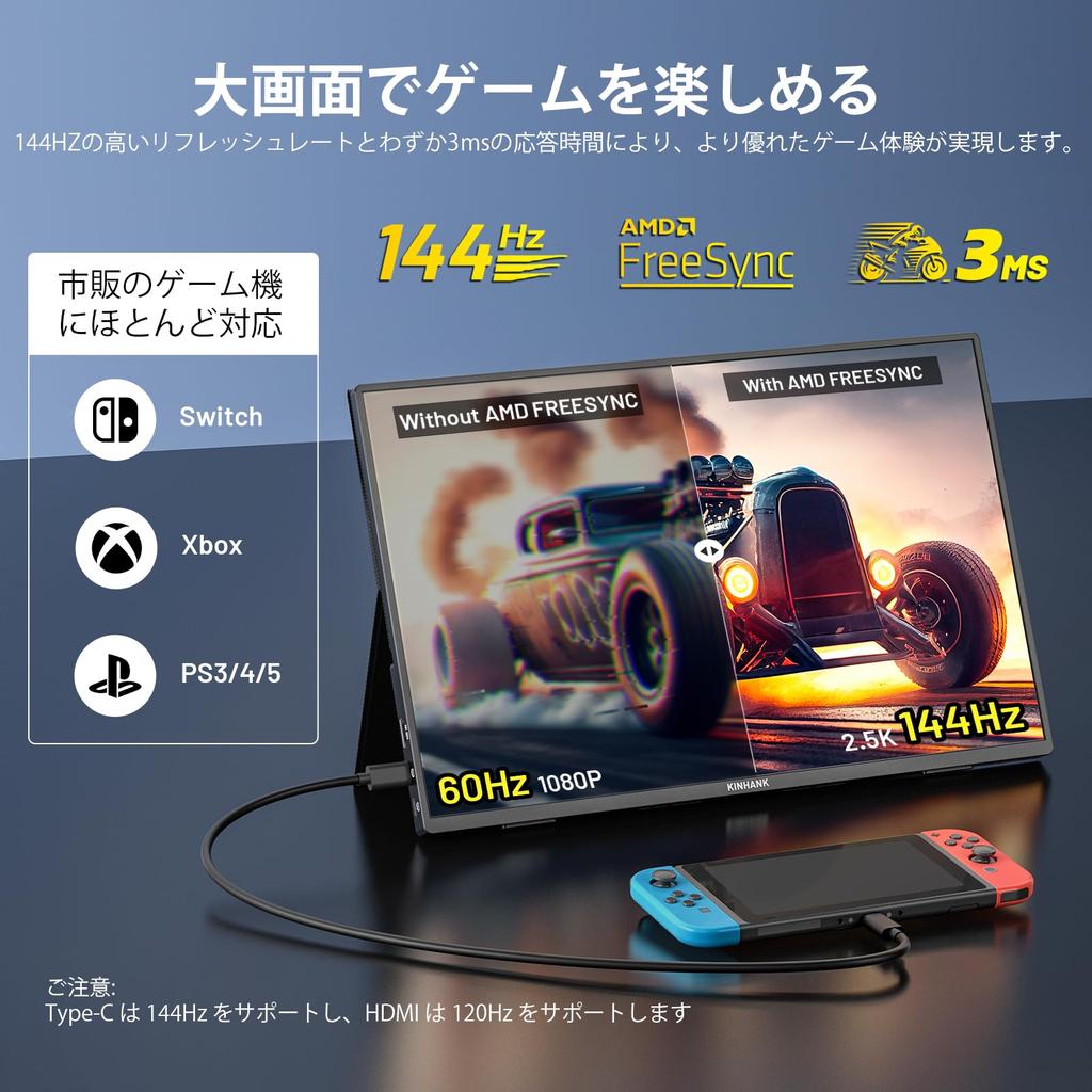 Kinhank Mobile Monitor Inch Gaming Portable Display 144Hz IPS LCD Panel Thin and Lightweight VESA Protective Cover USB Standard HDMI Compatible with