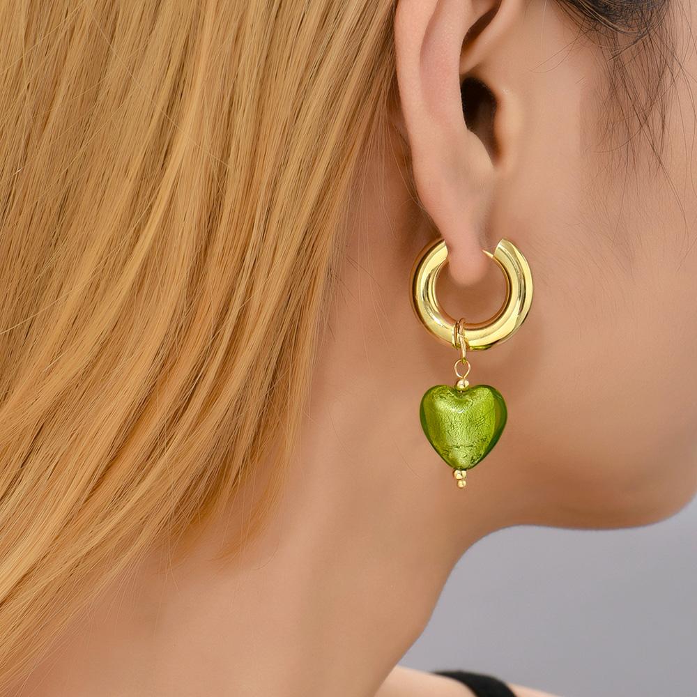 Colorful Glass Heart-shaped Pedant Drop Earrings For Women Stainless Steel Round Circle Hoop Hanging Earring Minimalist Jewelry