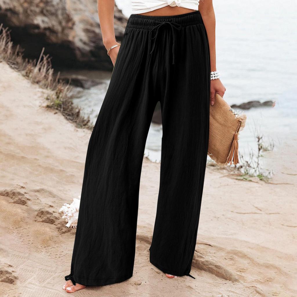 Bohemian Solid Color Drawstring Beach Pants - New Loose Casual Trousers