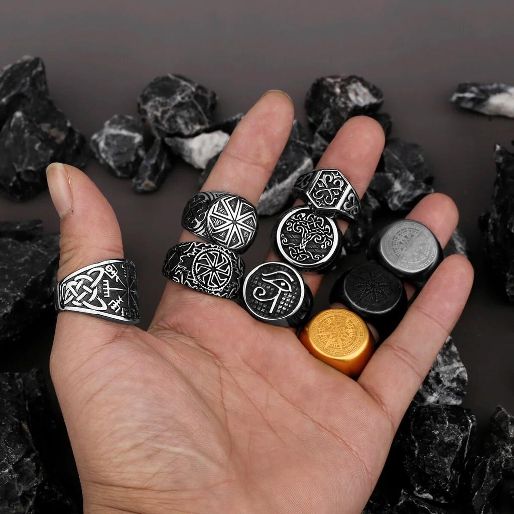 Nordic Viking Stainless Steel Ring Anchor Compass Tree of Life Rune Amulet Wolf Men Women Finger Jewelry Biker Party Club Gift