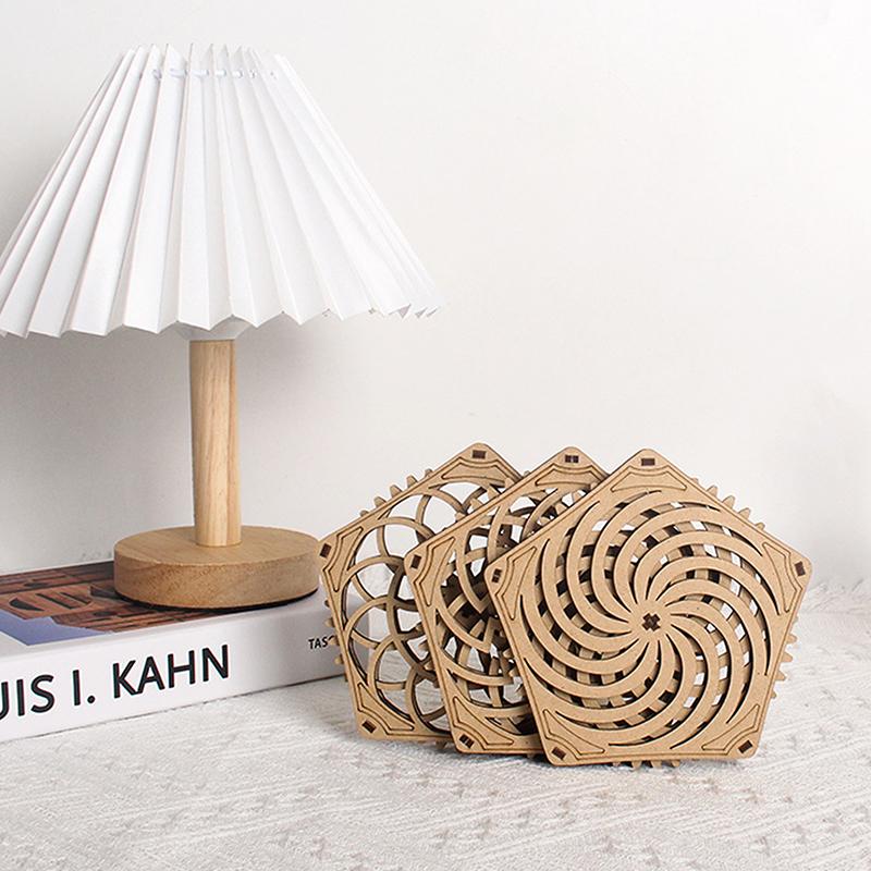 Kinetic Coaster Handmade Unique Pentagram Design Swivel Wooden Coasters Subtle Spiral Texture For Home/Office Decor Gifts