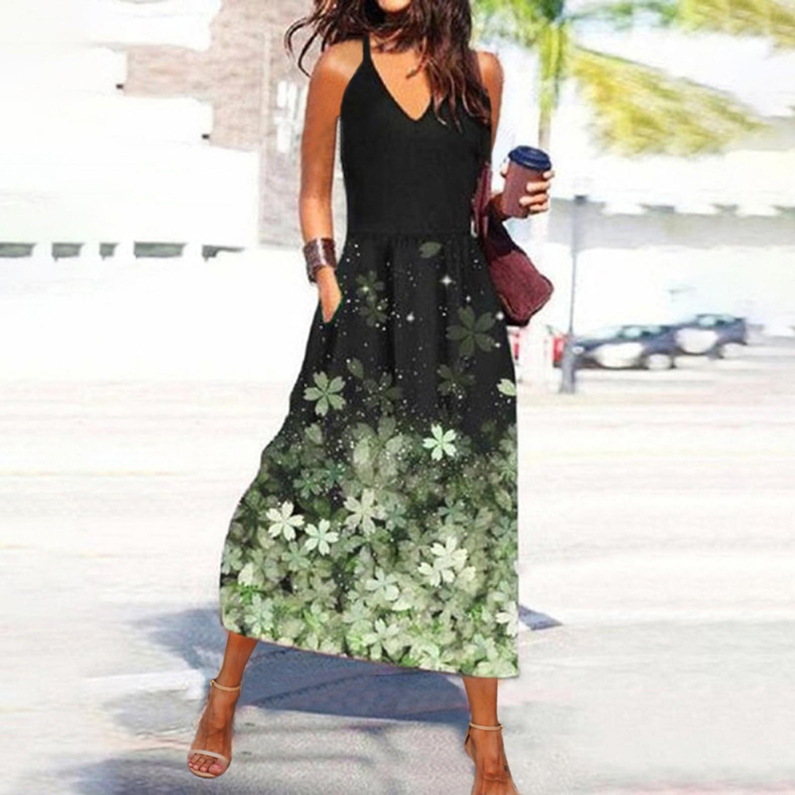 

Women s Fashion Sexy Casual Temperament Pocket Print Long Suspenders Dress M зелений