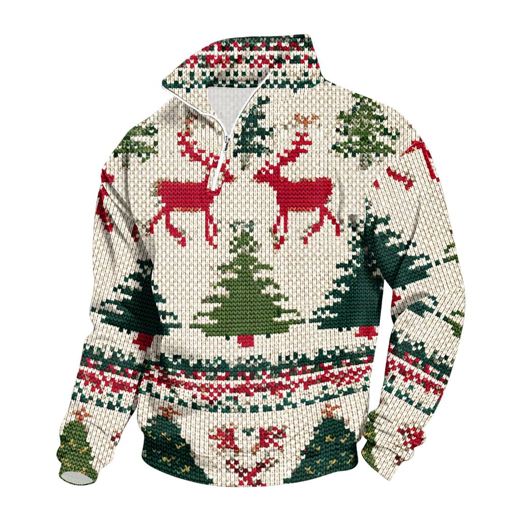 Men's Casual Sweatshirt with Stand Collar and Christmas Print