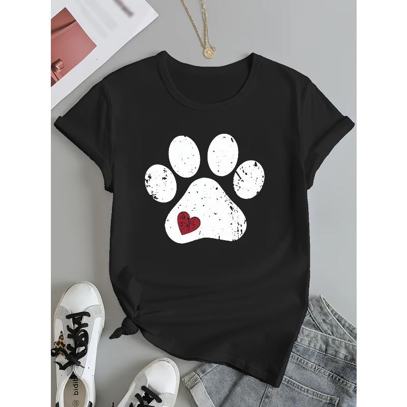 European Size Plus Size - Plus Size - Casual Women'S T-Shirt with Graphic Print - Short Sleeves, Crew Neck, White Featuring Black Paw