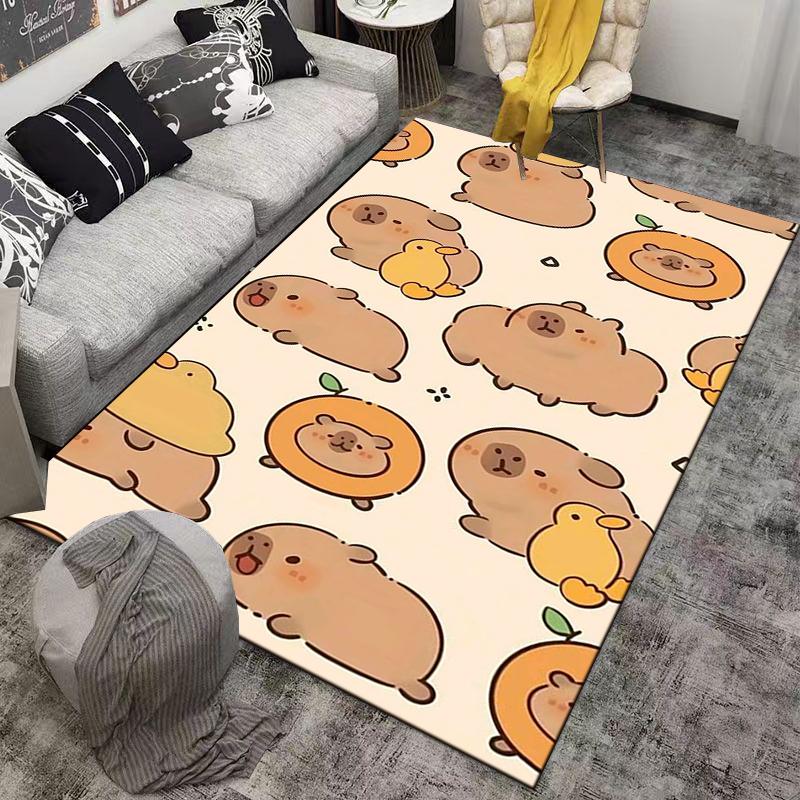 Cute Cartoon Animals Carpet with Bears, Ducks, Fruits, Beige Background Suitable for use as an anti-slip for living room bedroom sofas