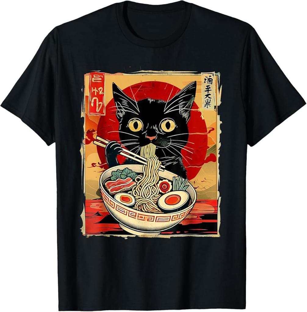 Round Cute Cat Smoke Hot Lamian Noodles Cartoon Printed T-shirt Vintage Pure Cotton Personality Short Sleeve for Men and Women