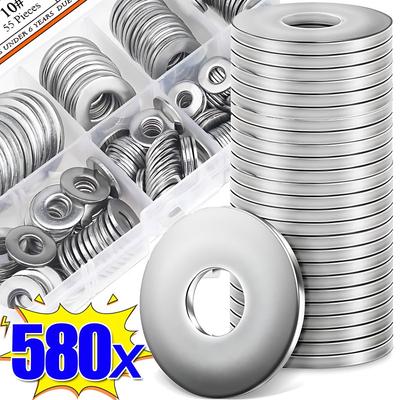 180/580 STK. Edelstahl-Unterlegscheiben M2 M2.5 M3 M4 M5 M6 M8 M10 Metall-Flachscheiben Ringe Einfache Dichtungen für Schrauben-Sortiments-Kits