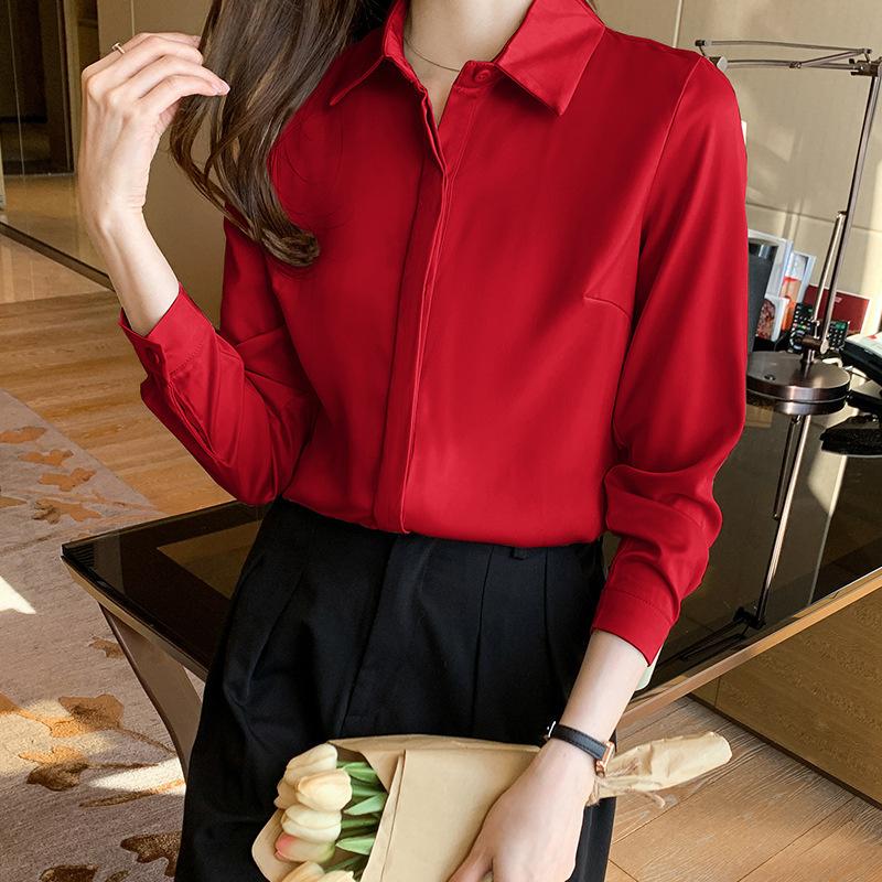 2026 Spring New Satin Long-Sleeve Shirt for Women, Elegant Chiffon Blouse, Ladies' Casual Solid Color Top