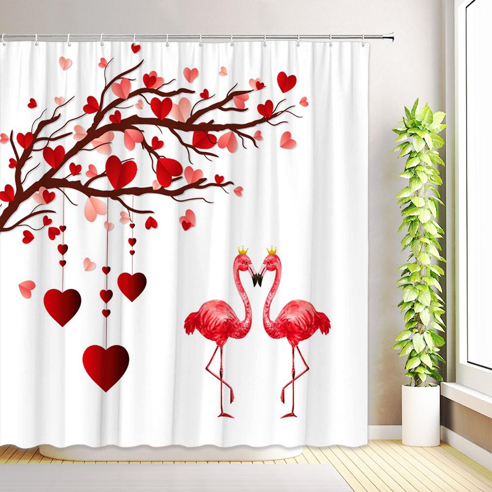 Valentine's Day Shower Curtain Romantic Rose Flower Bike Red Truck Love Hearts Tree Eiffel Tower Home Bathroom Decor With Hooks