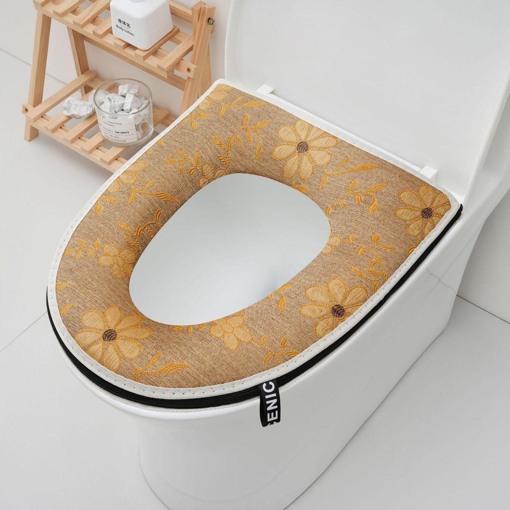 Breathable Cotton Linen Washable Toilet Seat Cover with Handle and Zipper - Universal Fit and Skin-Friendly