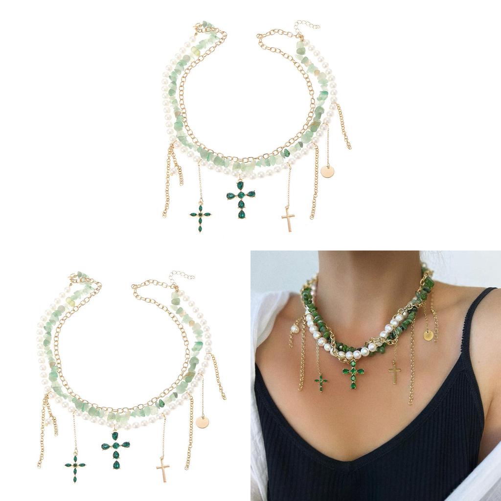 Pearl Necklace For Women Geometric Pendant With Cross Charm Elegant Layered Jewelry