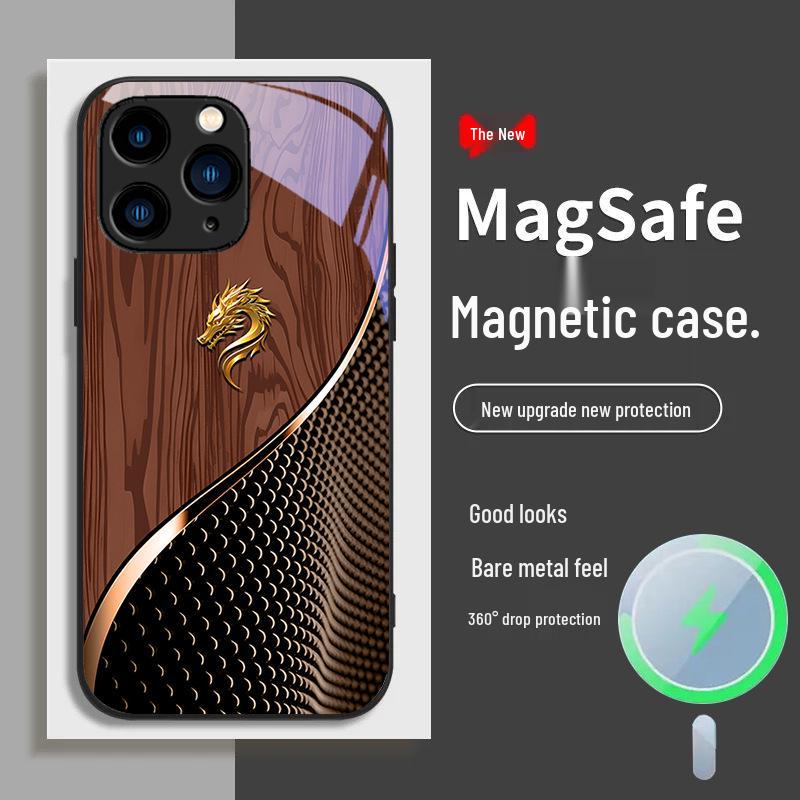 IPhone Hülle: Holzmaserung im chinesischen Stil mit Drachenmotiv, magnetisch, kompatibel mit Modellen 12-16