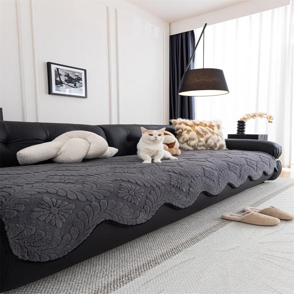 Vintage High-end Straight Sofa Cushion Autumn and Winter Plush Leather Sofa Special Cushion Fixed Anti-slip Cover Cover Cloth