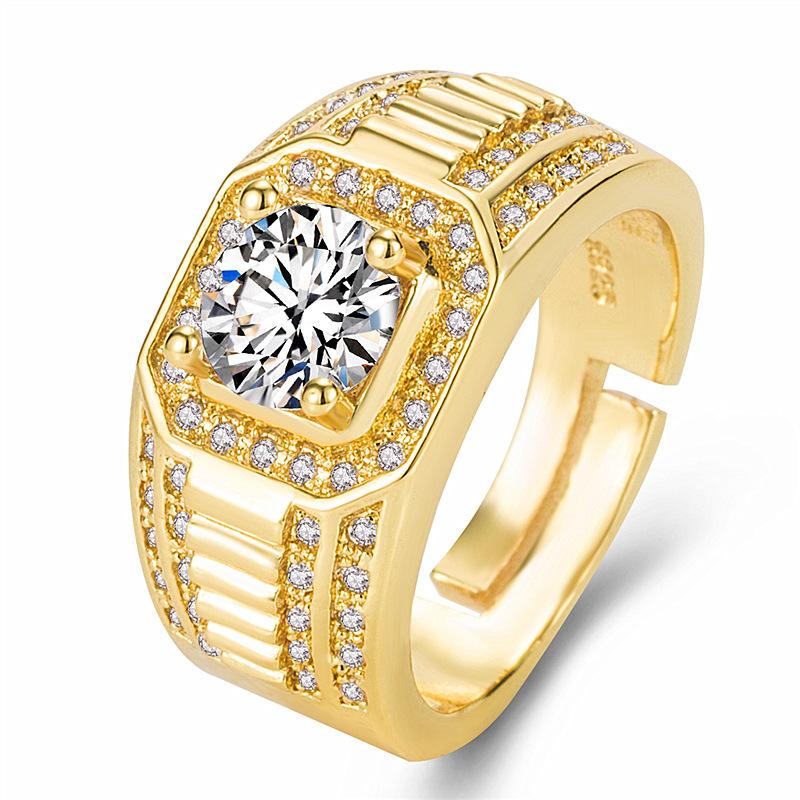 Ring gold-plated domineering full diamond ring diamond ring business men's ring color-preserving double row diamond ring