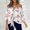 Women's Summer Fasion Loose Print Long--sleeve Bow Tie Neckline Bandage  Top