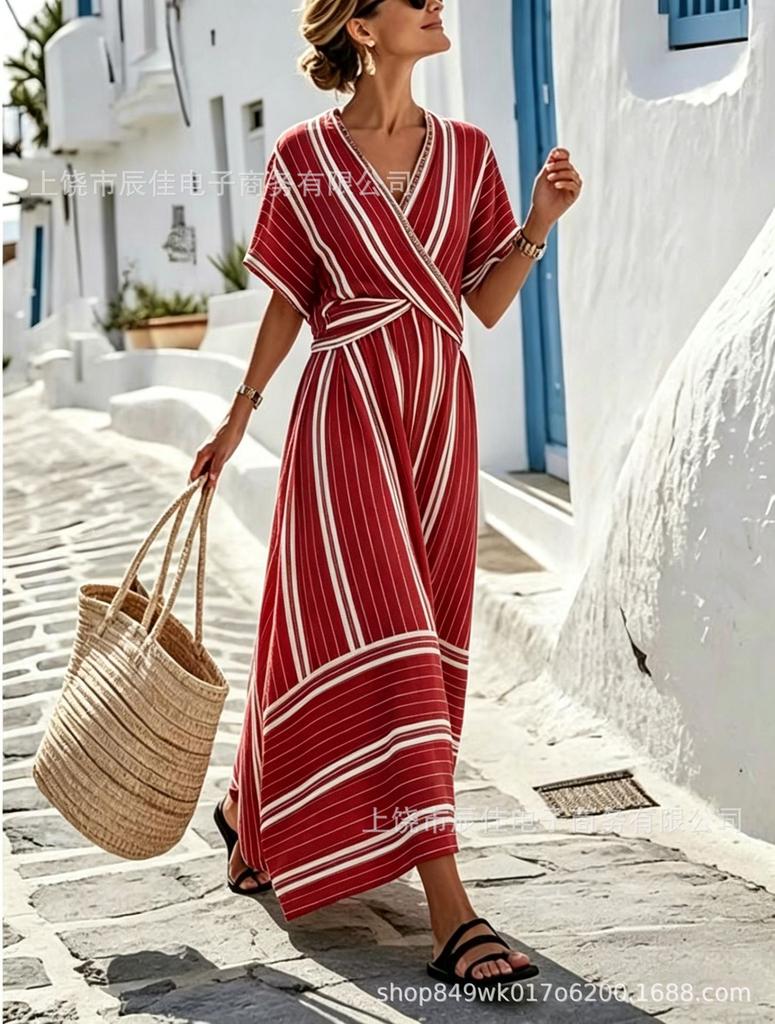 Holiday style seaside v-neck loose long dress summer new simple dress