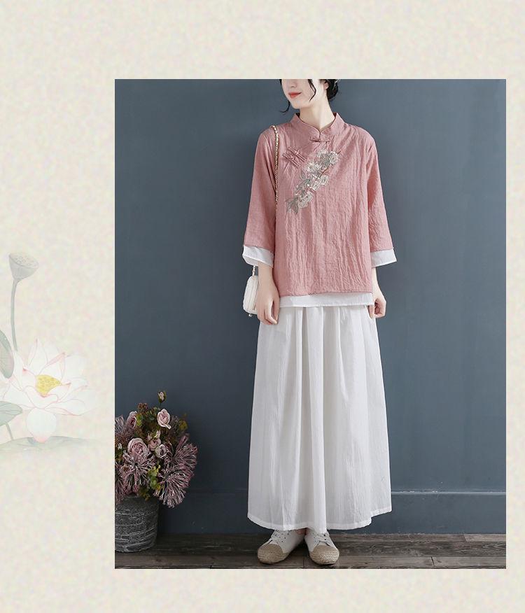 Damen Retro Baumwoll-Leinen-Hemd: Bestickt, Chinesischer Stil, Stehkragen, Dreiviertelärmel, Lockere Passform, Frühlings- & Sommeroberteile