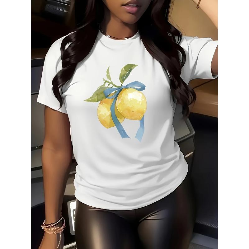 Women s Lemon Print T-Shirt with Lemon Slices, Green Leaves & Blue Ribbon Bow - Soft Casual Short Sleeve Round Neck Summer Top - Lemon Yellow S белый