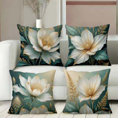 Floral Patterned Cushion Covers Green Gold Flower Decor Polyester Pillowcase, Sofa Decorative Cushion Cov Headboard Pillow