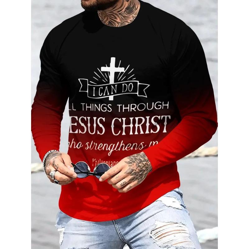 Autumn and Winter Men's Cross 3D Printed Crew Neck Long Sleeve T-Shirt