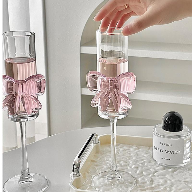 Pink Bow Glass Mug Decor Glass Cup Goblet Bow Handle Glasses Wine Cocktail Glass Dessert Ice Cream Bowl Drinking Glass