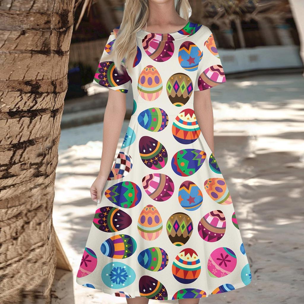 Women's Casual Fashion  Dress Easter Printed Round Short Sleeve Waisted Mid-Length Swing Dress (with Zipper)