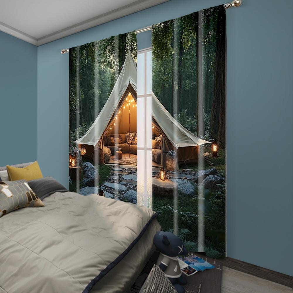 2pc,  Party Curtain Forest scene camping Machine Washable Fabric,Without Electricity Festive Backdrops Use for College dormitory