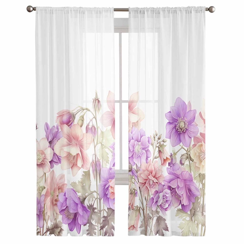 Spring Flowers Watercolor Countryside Sheer Curtains Modern Gauze Curtain for Living Room Bedroom Voile Yarn Curtains