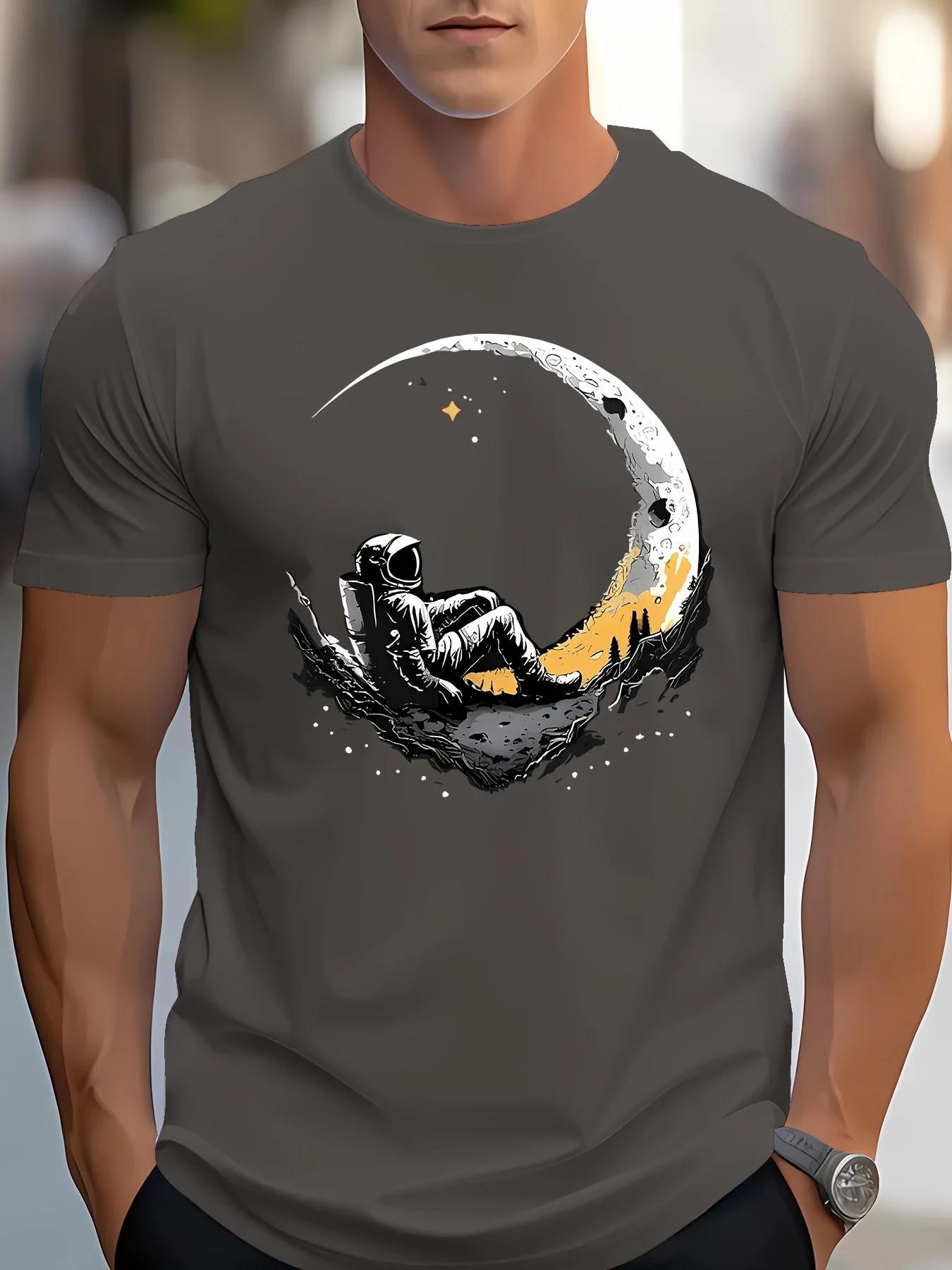 

Large casual loose T-shirt, men s moon print, round neck short sleeved sports T-shirt, S