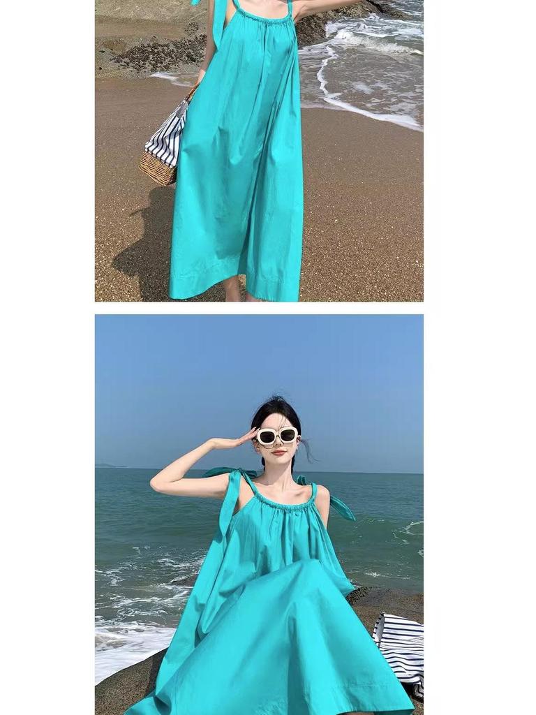 Summer Green Slimming Tie-Up Slip Dress for Women - Seaside Vacation