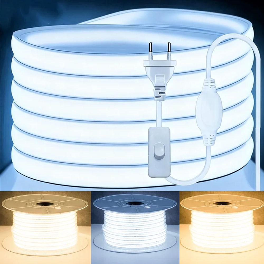 220V Led Strip Waterproof Lens COB Flexible Ribbon With Switch/Dimmable EU Plug For Room Bedroom Kitchen Outdoor Garden Lighting