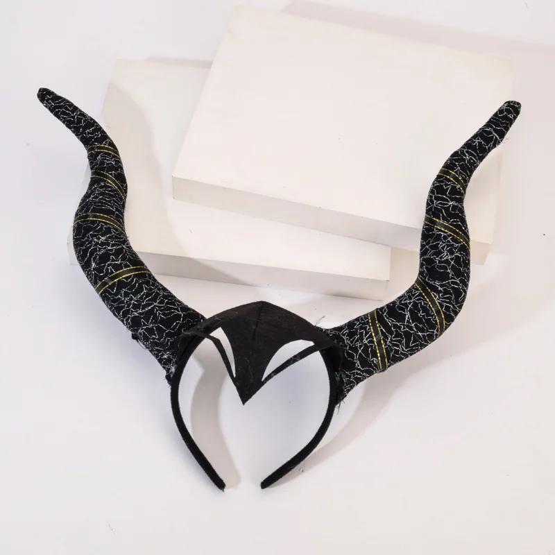 Women Kids Black Queen Demon Long Ox Horns Headwear Cosplay Evil Witch Headpiece Halloween Carnival Party Costume Hair Hoop Prop