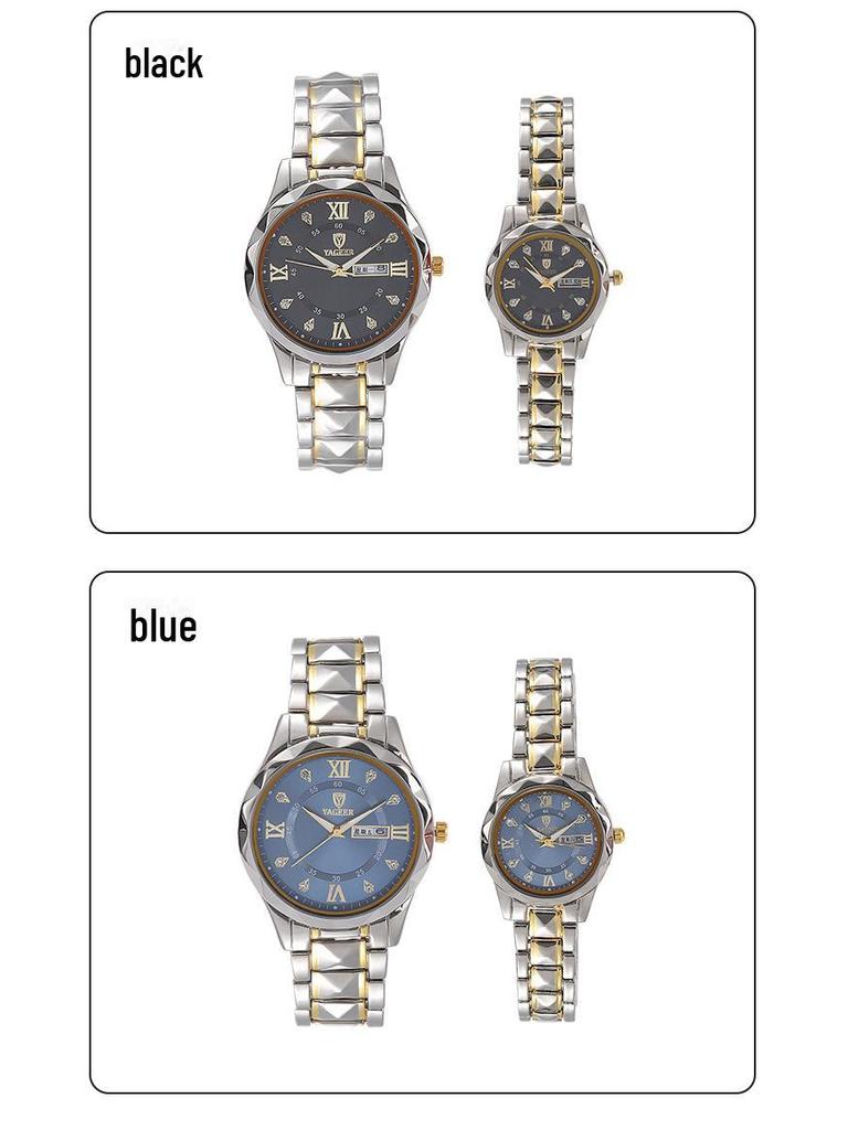 New Light Luxury Diamond Quartz Couples' Watch with Alloy Steel Band and Dual Calendar