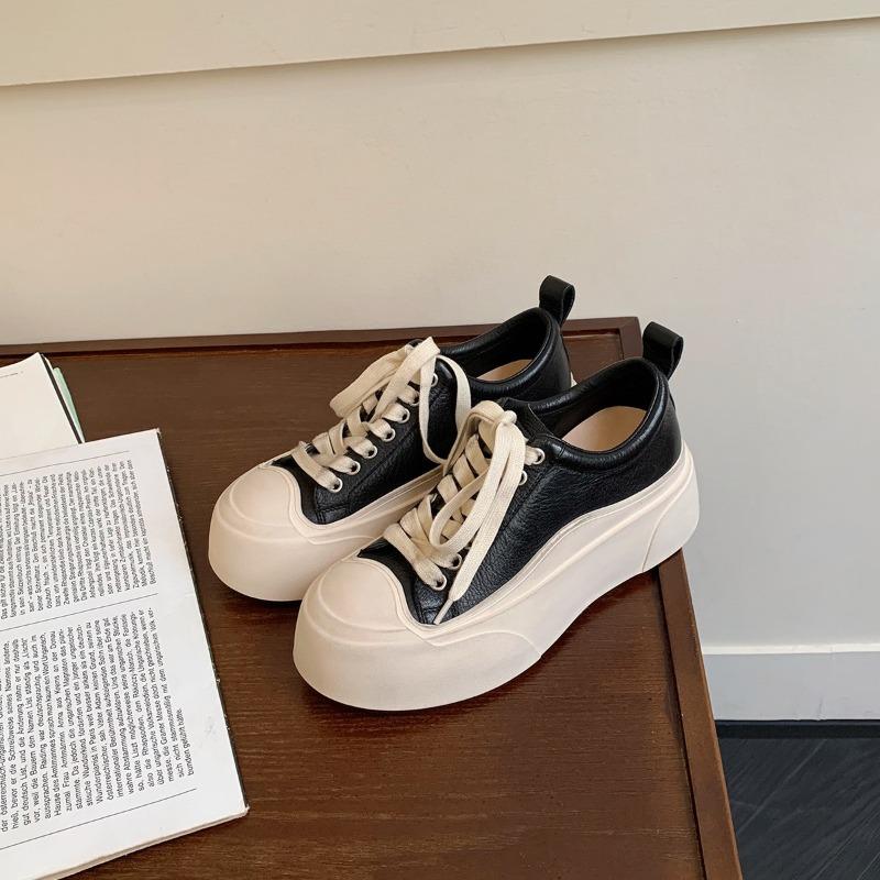 Cowhide version~ Versatile round head casual sports board shoes inner height increase thick sole old white shoes women