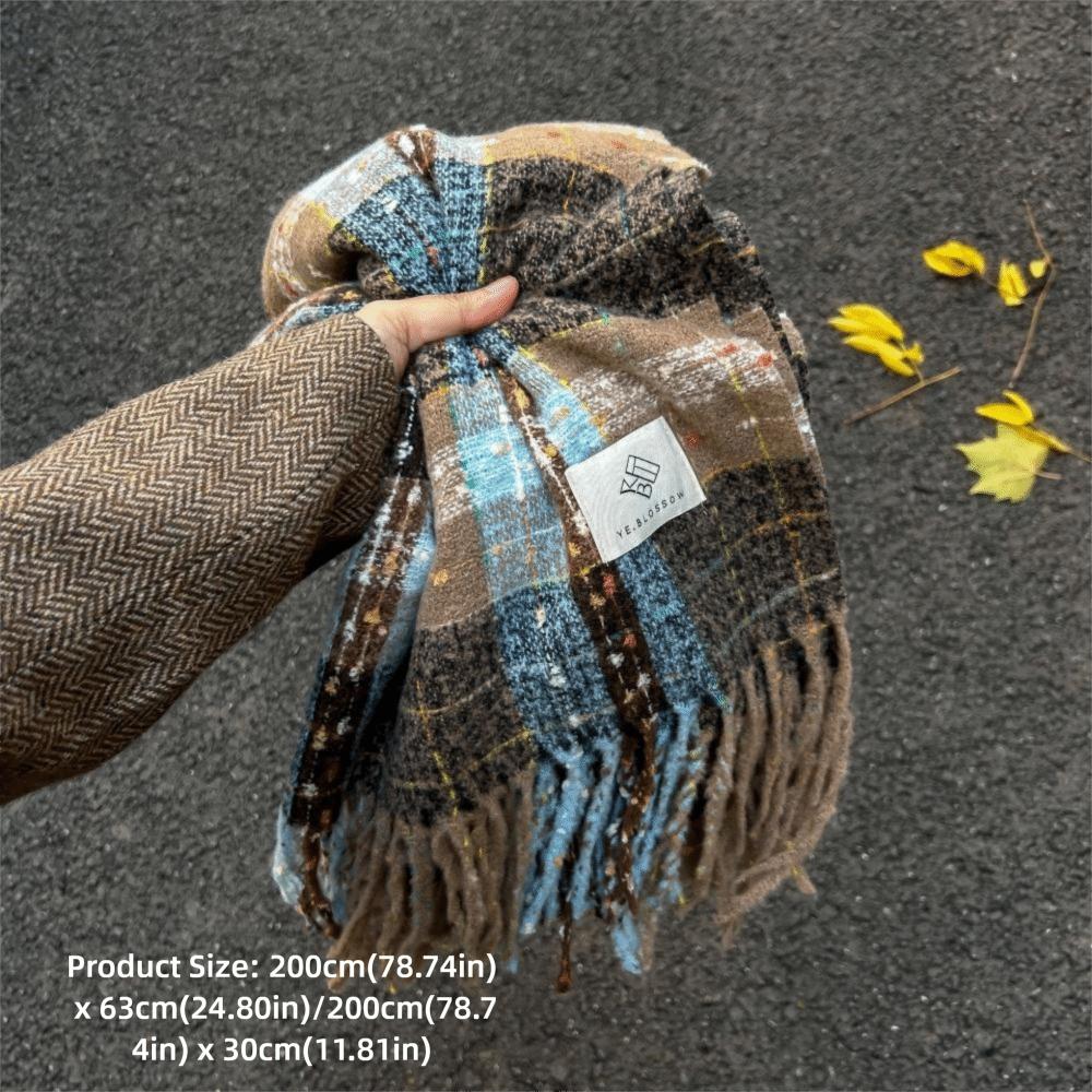 Warm Plaid Faux Cashmere Scarf 200cm X 63cm Fall Winter Tassel Scarf Polyester Thick Scarf  Couple