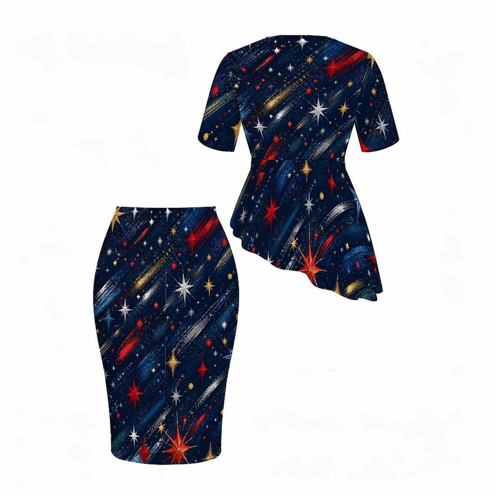 Women Plus Size White Star Printed Round Neck Short Sleeve Two Piece Set Asymmetric Top Pencil Skirt