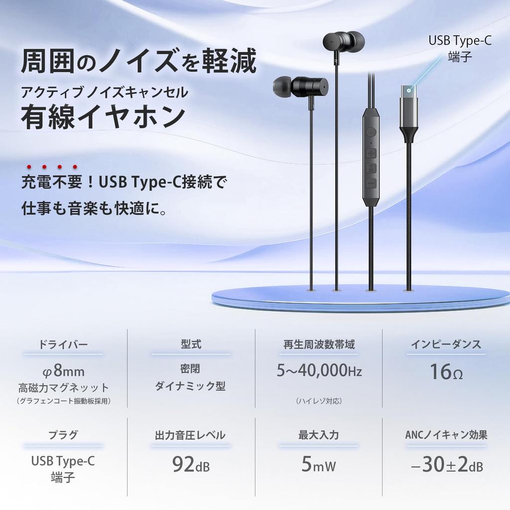 Genuine Wired Earphones with Connection and Remote Control Microphone [Hi-Unit Product] Hi-Unit HSE-A2000NC ANC-equipped Noise-Canceling Type-C
