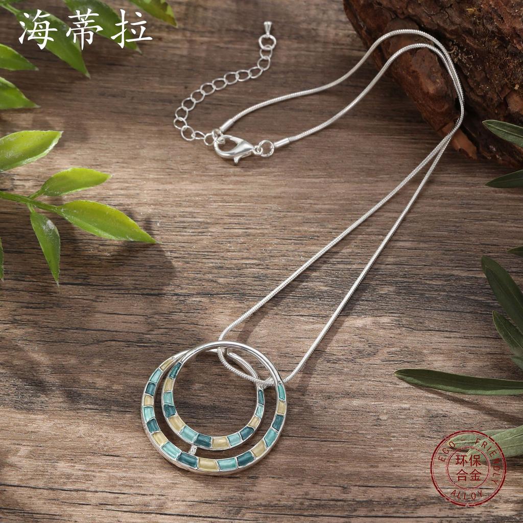 Luxury Hot-selling Enamel Color Hollow Geometric Ring Pendant, Simple Personality Women's High-end Ring Necklace