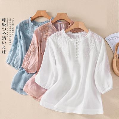 Women Summer Cotton Linen Short Sleeve Shirt Tops Round Neck Button Down Shirt Loose Embroidery Shirt