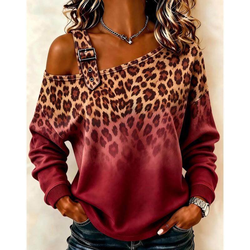 2026 Womens Round Neck Long Sleeve Loose Fit Casual Sweatshirt With Leopard Dot Print Digital